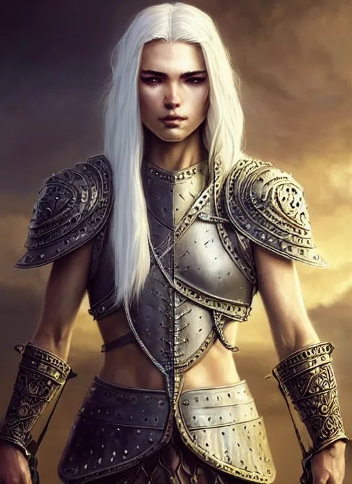 Image similar to warrior, leather armor!!! long wild white hair!! covered chest!!! fantasy, d & d, intricate ornate details, digital painting, pretty face!!, symmetry, concept art, sharp focus, illustration, art by artgerm! greg rutkowski magali villeneuve wlop! ilya kuvshinov!!, octane render