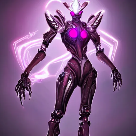 Image similar to highly detailed exquisite fanart, of a beautiful female warframe, but as an anthropomorphic elegant robot female dragoness, glowing eyes shiny, and smooth off-white plated armor, bright Fuchsia skin beneath the armor, sharp claws, robot dragon four fingered hands, and robot dragon feet, standing elegant pose, close-up shot, full body shot, epic cinematic shot, professional digital art, high end digital art, singular, realistic, DeviantArt, artstation, Furaffinity, 8k HD render, epic lighting, depth of field