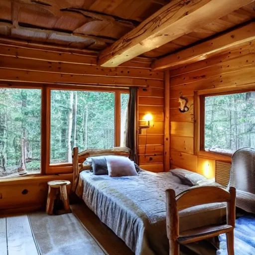 Prompt: photo of the interior of a cozy cabin with french and english and japanese influence and forest theme