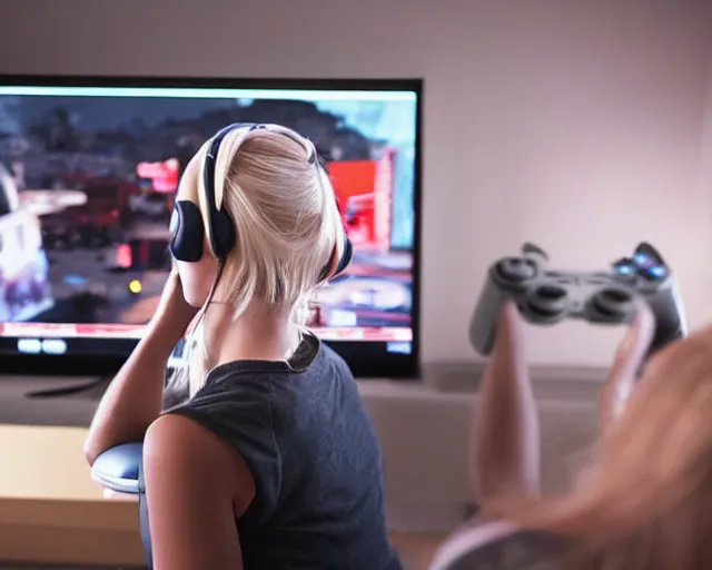 Prompt: view from behind of a cute beautiful blonde woman wearing headset playing game, holding controller, watching television displaying call of duty, intricate detail, cinematic composition