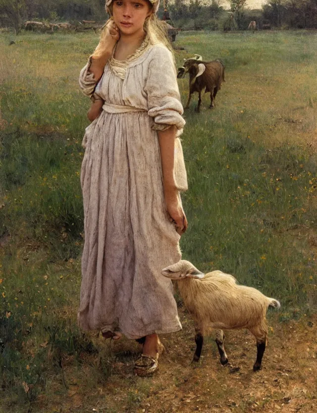 Image similar to portrait of peasant girl pet a goat, cottage core, cinematic focus, polaroid photo bleached vintage pastel colors high - key lighting, soft lights, foggy, by steve hanks, by lisa yuskavage, by serov valentin, by tarkovsky, 8 k render, detailed, oil on canvas