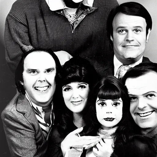 Image similar to vintage 1 9 8 0's sitcom publicity photo, a happy photogenic family wearing black cult robs and a large giant evil demonic horrifying angry detailed monstrous demon creature inside a 1 9 8 0's sitcom living room