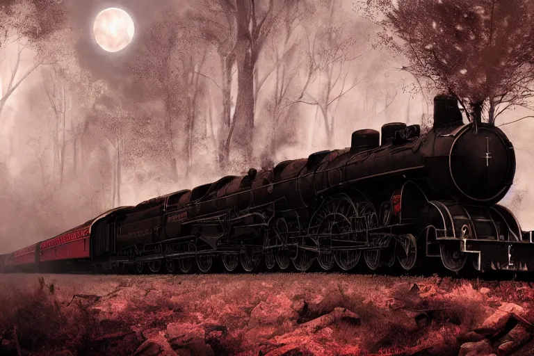 Image similar to devil train fiery black smoke locomotive blazing throguh dark forest, eerie moon eclipse, hyper realistic, ambient lighting, concept art, intricate, hyper detailed, smooth, dynamic volumetric lighting, octane, raytrace, cinematic, high quality, high resolution, 4 k, cgsociety, rutkowski, gurney