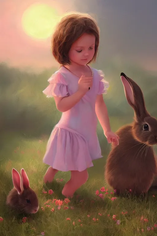 Prompt: matte sharp painting cute little girl and rabbit landscape painted by mark rydel, artstation behance storybook