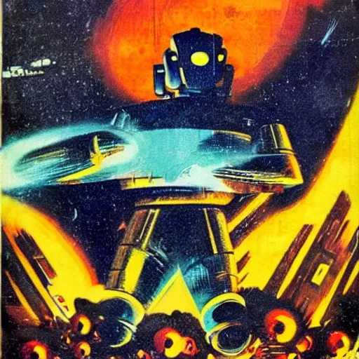 Prompt: giant robot smashing future city in flames, 1 9 6 0 s vintage sci - fi art, by jack gaughan