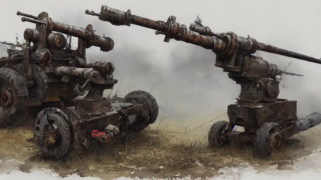 Image similar to realistic looking howitzer cannon, watercolored, jakub rozalski, dark colours, dieselpunk, artstation