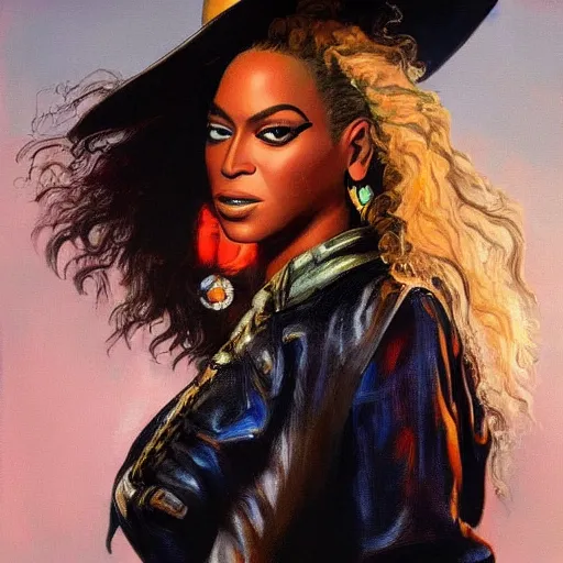 Prompt: ultra realistic portrait painting of beyonce as a western outlaw, art by frank frazetta, 4 k, ultra realistic, highly detailed, epic lighting.