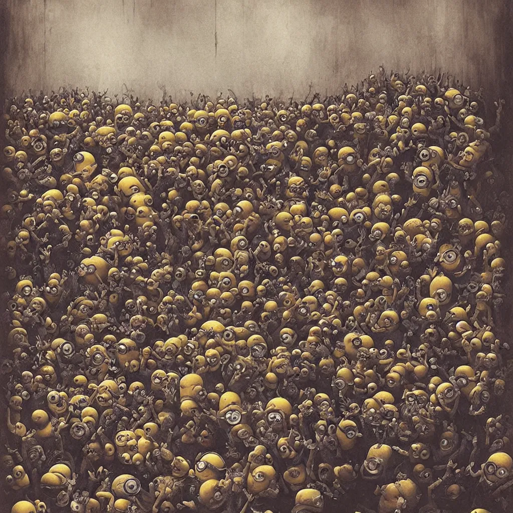 Prompt: minions as tourists in Valencia inside a cringe party surrounded by weird people and devouring a ball of meat by beksinski