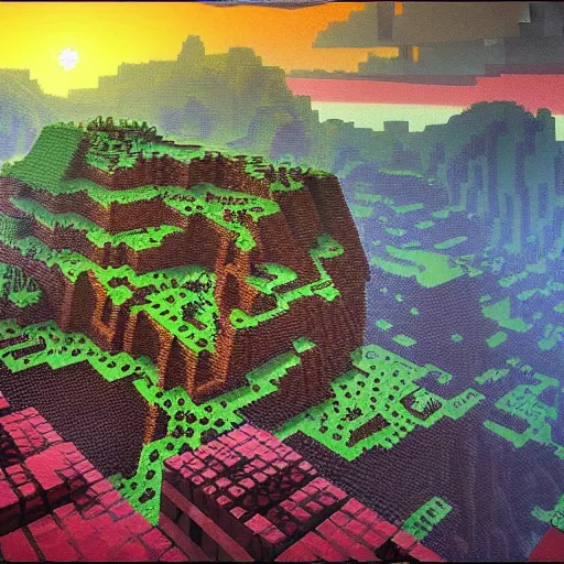 Prompt: minecraft landscape, fluid, smooth, organic, crazy, bright, colours, tumours, high contrast, sharpness, dramatic, very detailed, intricate, by giger and corben and moebius and beksinski and bosch and bacon