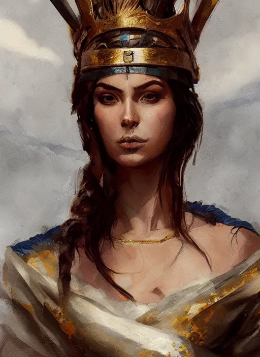 Image similar to A portrait of a beautiful greek warrior queen in the style of Greg Rutkowski, in style of Charles Sillem Lidderdale, artstation, high quality art