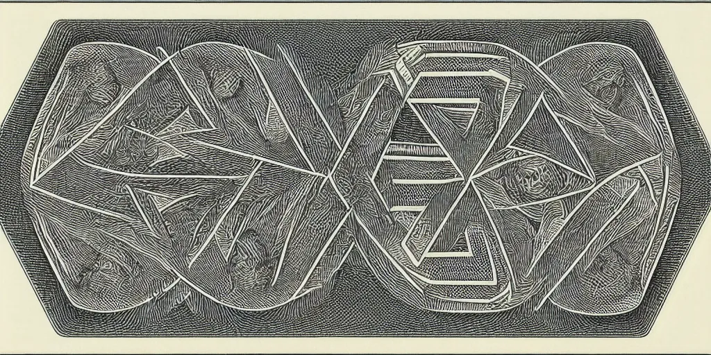 Prompt: “One US Dollar bill, geometric art by M.C. Escher, engraving, 1961”