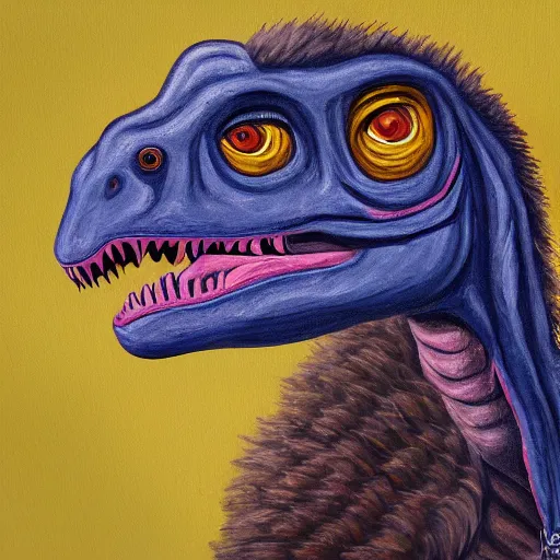 Image similar to dwayne the rock as a velociraptor dinosaur in miami, portrait painting