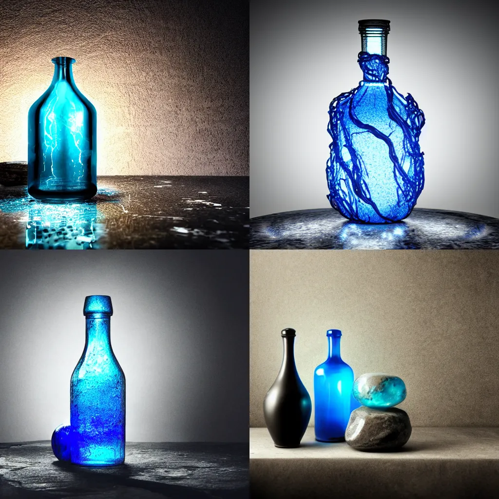 Prompt: spirit potion containing swirling glowing blue liquid, ancient beautiful intricate glass bottle, on an ancient gray stone table, black-background!!!!!!!, ominous lighting, fantasy, CGI, octane render, 8k