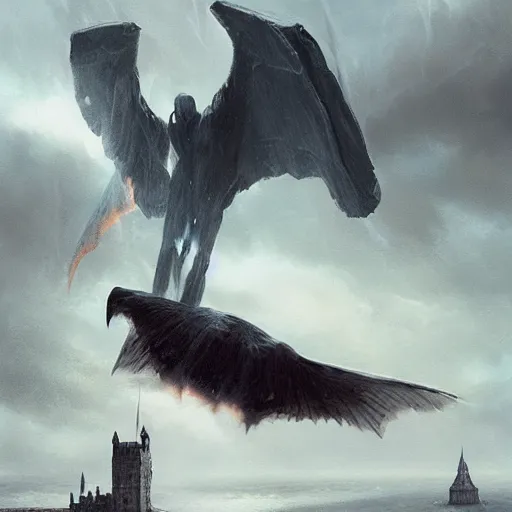 Image similar to voldemort, huge wings, scary weather, stormy, ocean, exudes terror ， island ， castle ， vine, spitfire, photography, hyperrealistic, by greg rutkowski, smooth, illustration, elegant, artstation, digital painting.