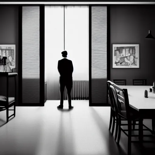 Prompt: Epic Masterpiece wide angle of noir detective standing in apartment holding a bottle of alcohol, venetian blinds in the background, table and chairs against the wall, black and white, drawn by norman rockwell, james jean, background by James Jean, 4k, hdr, octane render, hyperrealistic