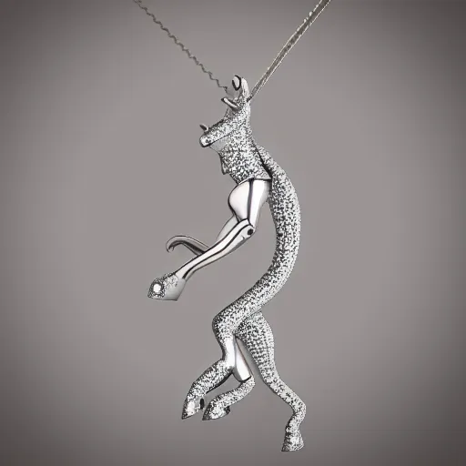 Image similar to a lovely silver unicorn necklace pendant, 3 d rendering, in the style of pandora, tiffany, swarovski, van cleef & arpels, cartier, boucheron, bulgari, chaumet, elegant, noble, stylish