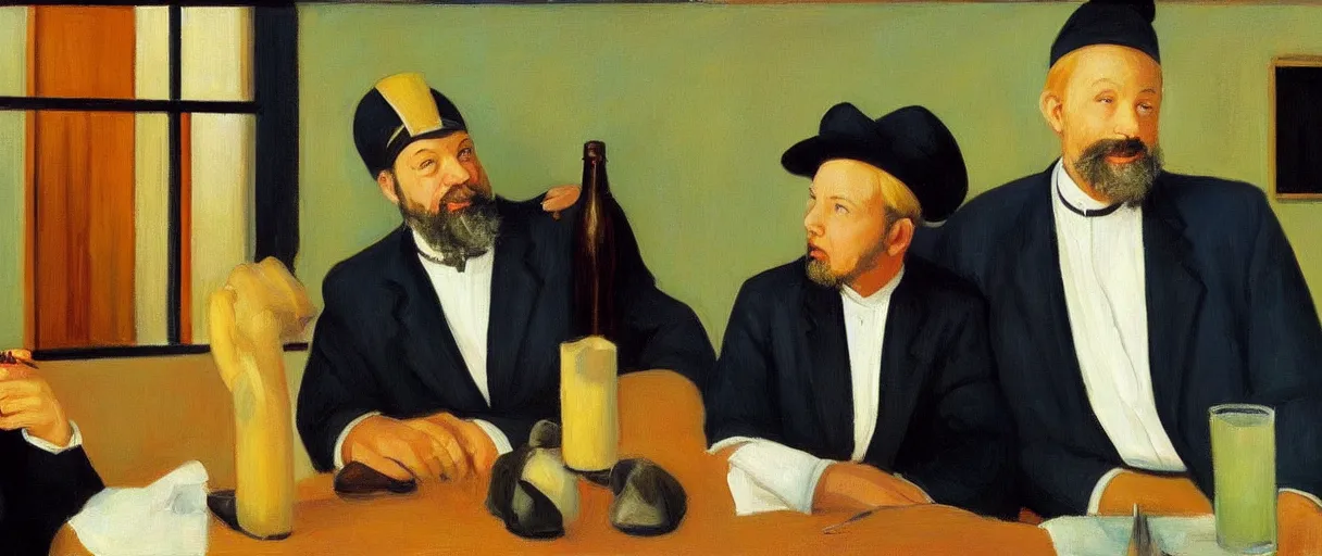 Prompt: a rabbi priest and minister walk into a bar, in the style of an awesome edward hopper painting