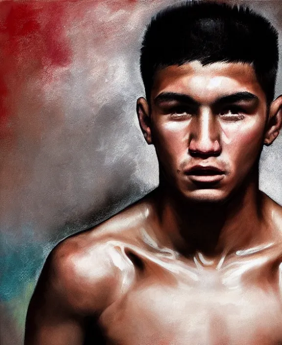 Image similar to heroic portrait of a handsome young mexican ufc fighter, art by denys tsiperko and bogdan rezunenko, hyperrealism