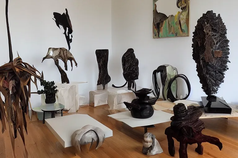 Prompt: “interior sculpture in an Australian artist’s apartment, organic, humanist, bovine, national Art School MFA, Japanese and Australian Aboriginal influences”