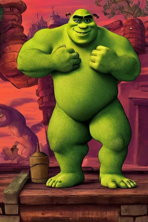 Image similar to buff shrek, tinder profile,