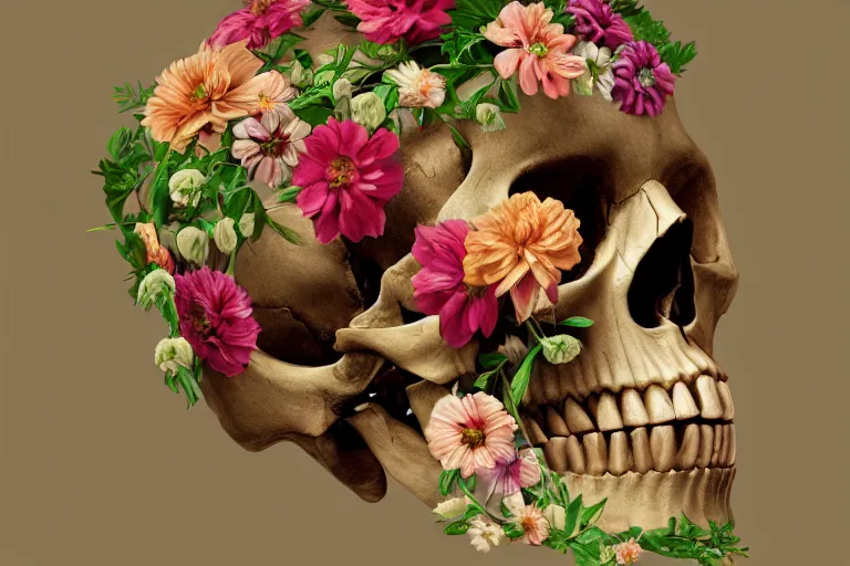 Image similar to human skull made of flowers, artstation, illustration, hd, hq, high resolution, high detail, 4 k, 8 k