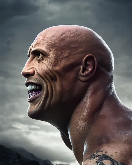Prompt: an epic dramatic portrait of dwayne johnson as the maxx, very low angle, detailed face, smiling like a jerk, epic art, trending on artstation, deviantart, high detail, high definiton, ultra realistic, hyper realistic, photo realistic, 4 k uhd