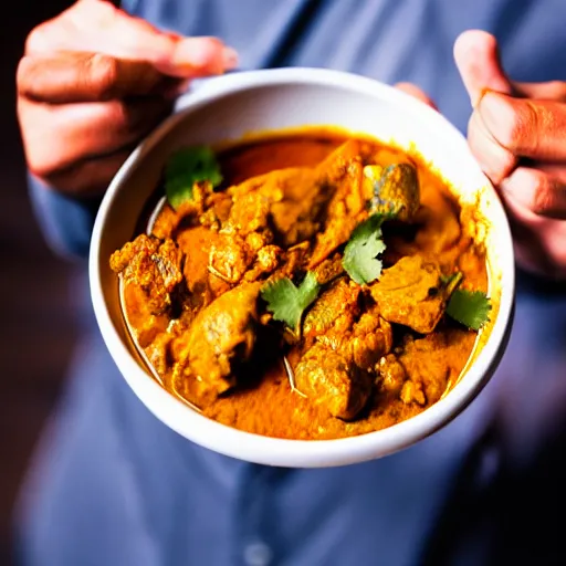 Image similar to photo of a man ecstatically eating a bowl of indian curry. weeping with joy, hands raised