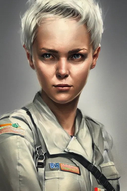 Image similar to portrait of a military engineer woman with short white hair, wearing overalls, medium shot, portrait, concept art, natural lighting, illustration, full color, highly detailed, photorealistic, by greg rutkowski, artstation,