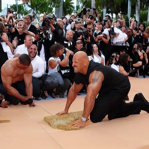 Prompt: people bowing down to dwayne johnson