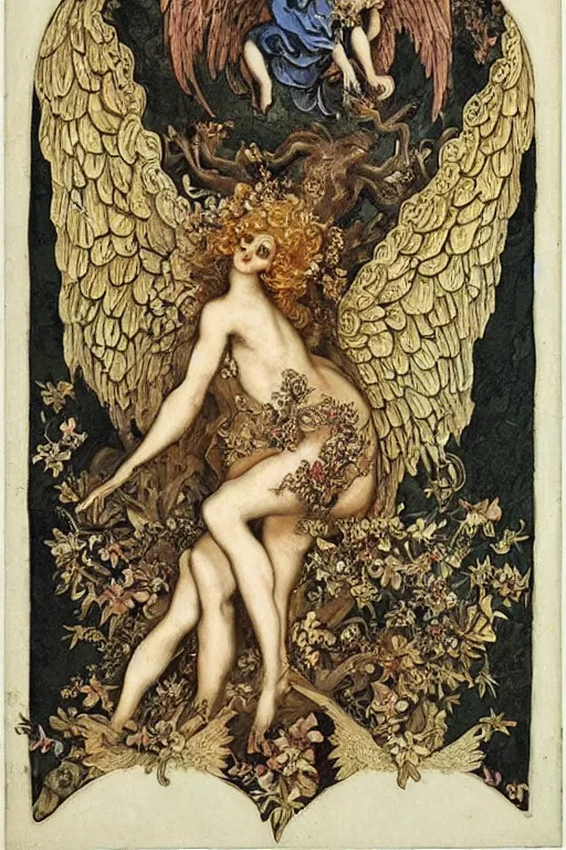 Prompt: a beautiful fallen angel in intricate costumes, 6 golden wings, in hell, surrounded by skeletons, art nouveau. rococo
