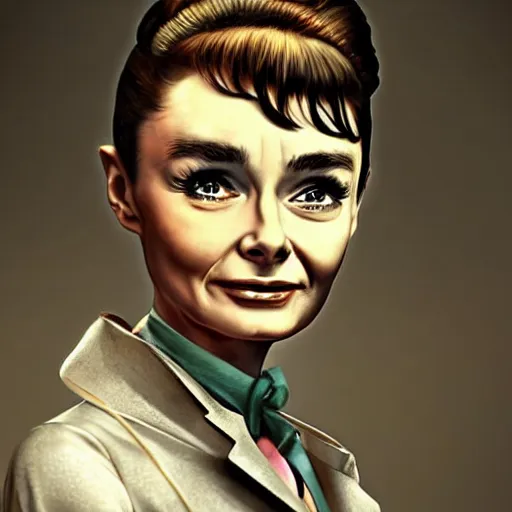 Image similar to a highly detailed epic cinematic concept art CG render digital painting artwork costume design: Audrey Hepburn as a 1950s crazy mad scientist lunatic in a brown lab coat, with unkempt hair and crazy eyes. By Mandy Jurgens, Lim Chuan Shin, Simon Cowell, Barret Frymire, Dan Volbert, Beeple, Butcher Billy, David Villegas, Irina French, Heraldo Ortega, Rachel Walpole, Jeszika Le Vye, trending on ArtStation, excellent composition, cinematic atmosphere, dynamic dramatic cinematic lighting, aesthetic, very inspirational, arthouse