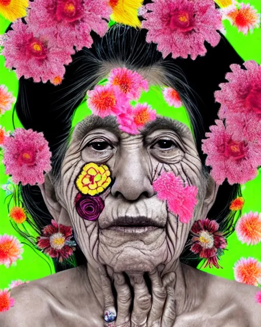 Image similar to a portrait of a beautiful fleshy old mexican woman who is surprised she is still alive, covered in flowers in the style of guiseppe arcimboldo and james jean, covered in wispy gray hair with a hint of neon, mixed media, hd, 3 d