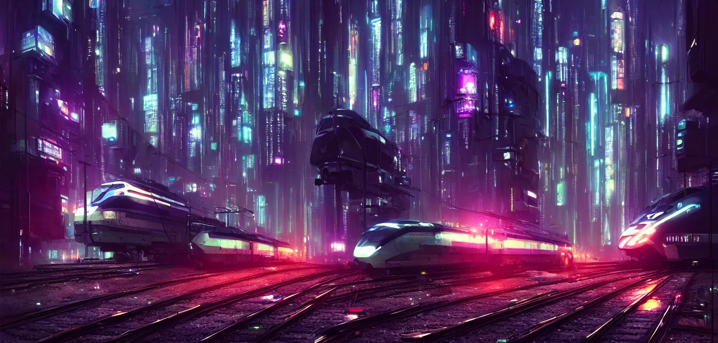 Image similar to a painting of a city at night with a train on the tracks, cyberpunk art by stephan martiniere, cg society contest winner, panfuturism, matte painting, dystopian art, reimagined by industrial light and magic