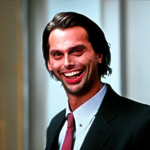 Image similar to Thierry Baudet grinning and holding a hatchet in the movie American Psycho