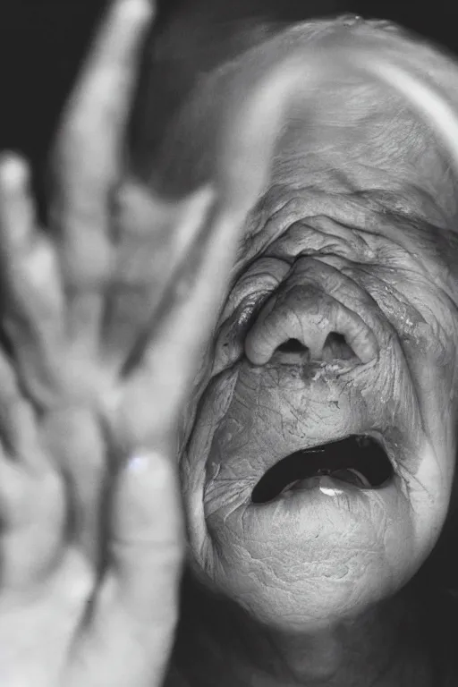 Image similar to Realistic high-resolution black and white photograph with a 50 mm f/1.2 lens of old women with their eyes closed and screaming expelling ECTOPLASMA from their mouths. A thick white liquid floating in the air and rising upwards