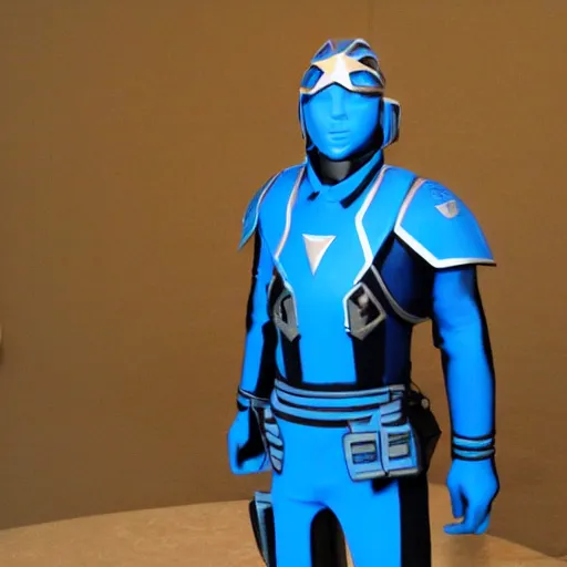 Image similar to a futuristic soldier captain with an armored visor and a blue shoulderpad