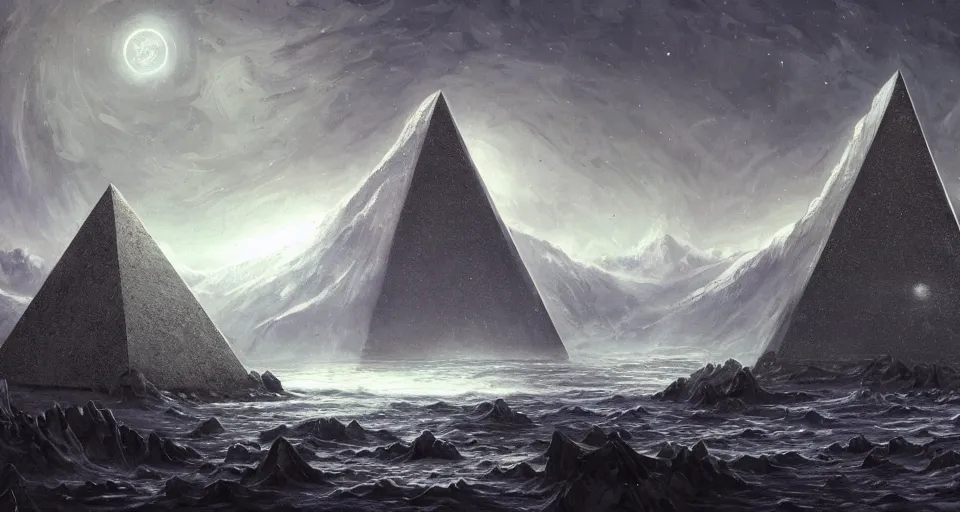 Image similar to black lovecraftian eldritch!! obsidian pyramid!! on a snowy island surrounded by still seas, with cosmic space in the background by eugene von guerard, ivan shishkin, cosmic space, concept art, trending on artstation, 8 k