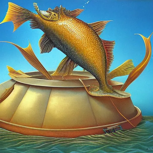 Image similar to surprised fish sitting on the top of a pile of fish, all the fish are inside a cooking pot on fire, side view, by vladimir kush, dystopian art, rococo