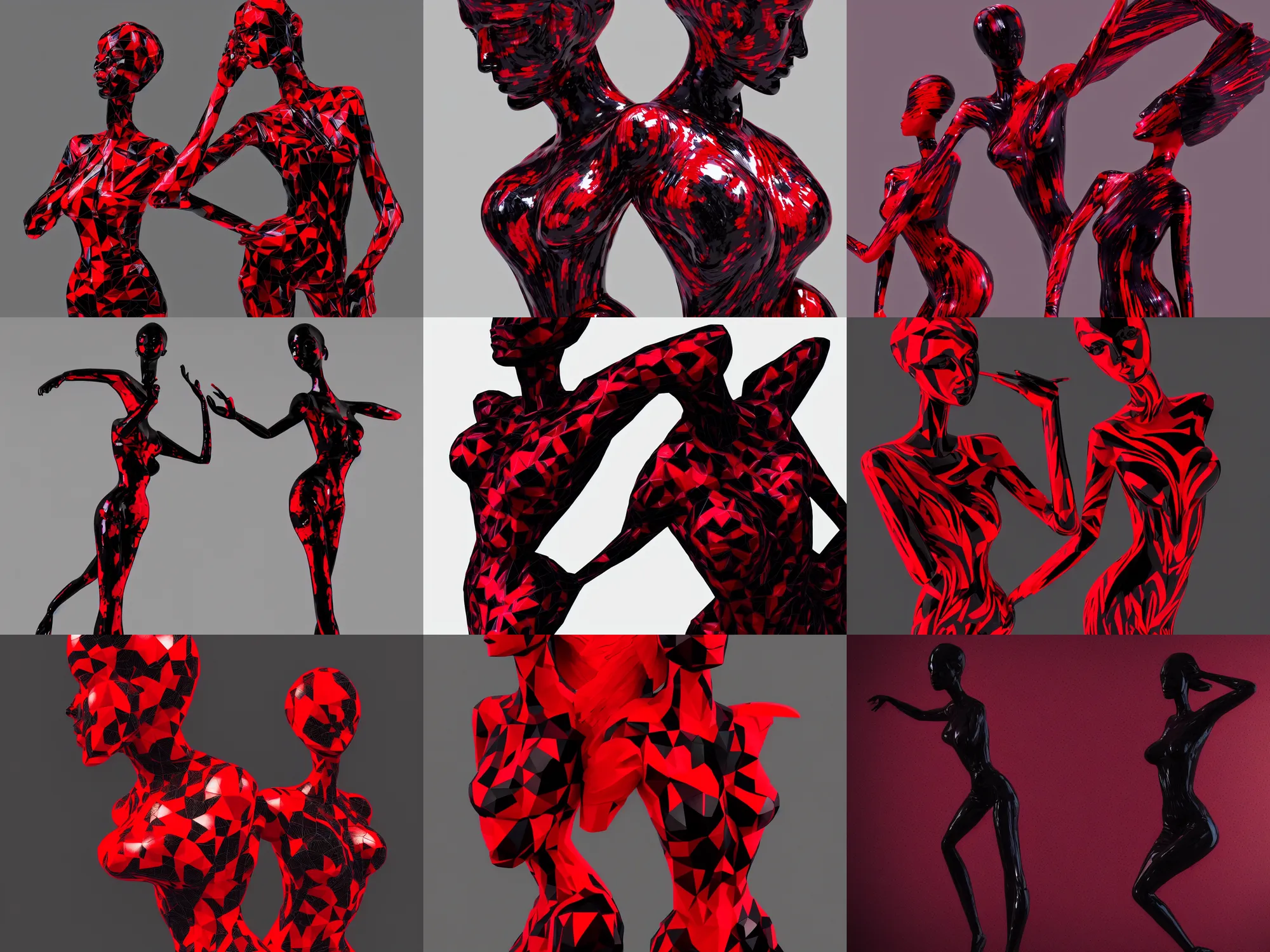 Prompt: a beautiful red and black 3 d geometrically printed mannequin in the style of james jean, chrome orchids dripping black iridescent liquid, winged victory, moody, dramatic, introspective, 4 k, trending on artstation, photorealistic, volumetric lighting, octane render