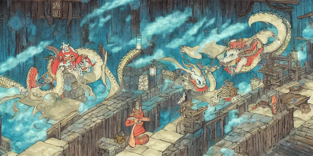 Image similar to an edo - period japanese bath - house filled with wacky characters and spirits. a stunned dragon has crashed through the wooden wall. fantasy art, painting, by studio ghibli, hayao miyazaki, high resolution wallpaper, colorful painting