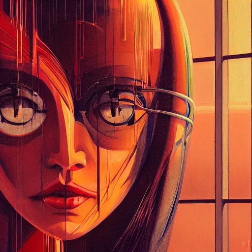 Image similar to detailed face of a woman, clockwork, moment, tectonic sky, skydome, bullet train, turbines, utopian, tech noir, wet reflections, prism, atmospheric, ambient, pj crook, syd mead, livia prima, emma uber, greg rutkowski, edward hopper