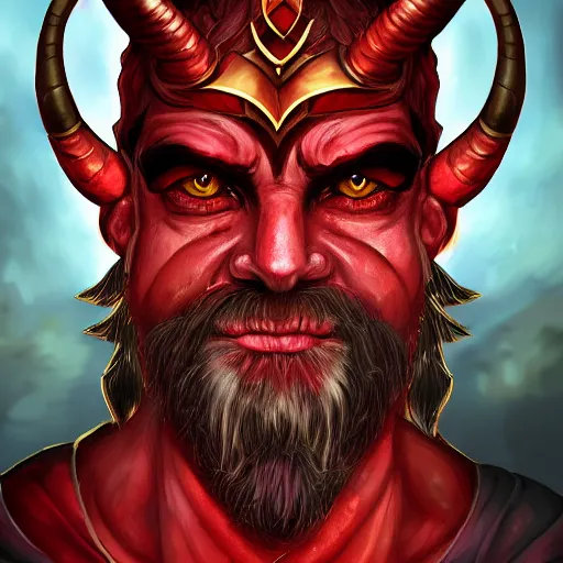 Image similar to dnd style portrait of a tiefling, male, red scales, red skin, a big black beard, completely golden eyes, 2 black ram horns growing out of his forehead,