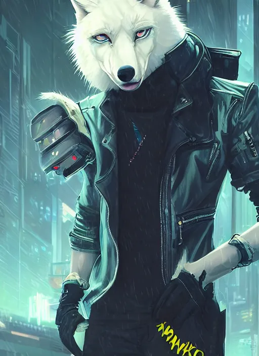 Image similar to award winning beautiful portrait commission of a male furry anthro albino wolf fursona with a tail and a cute beautiful attractive detailed furry face wearing stylish black and yellow cyberpunk biker clothes in a cyberpunk city at night while it rains. Character design by charlie bowater, ross tran, artgerm, and makoto shinkai, detailed, inked, western comic book art