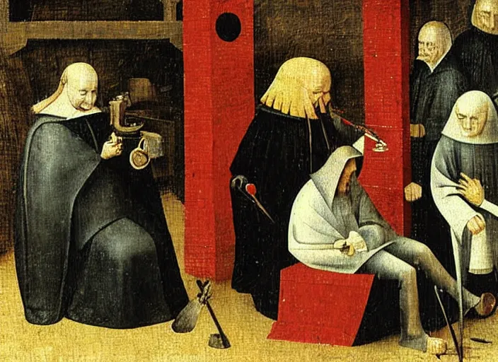 Prompt: judge wearing a bench wig is making a haircut to another judge with a bench wig, by hieronymus bosch