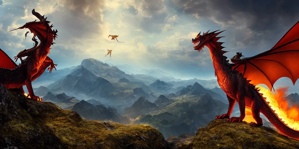 Image similar to a dragon breathing fire on the top of a mountain, epic composition, detailed and intricate image, cinematic, 4 k