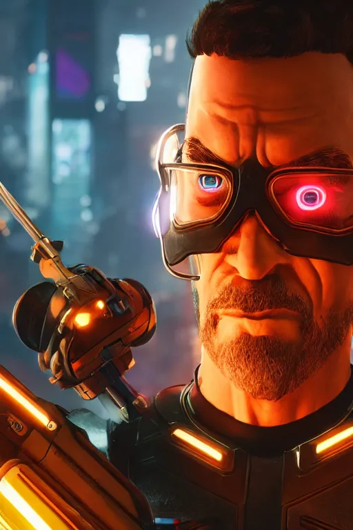 Image similar to gordon freeman in cyberpunk 2 0 7 7, medium shot, background is filled with neon lights and futuristic vehicles, trending on artstation, ultra realistic, 4 k