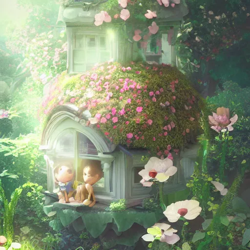 Prompt: a tiny cute fairy in a flower house, beautiful face, large eyes, cute, adorable, volumetric light, octane render, studio ghibli, trending on artstation