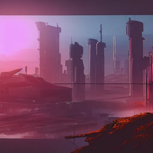 Image similar to cyberpunk world based on an island with sunset behind it