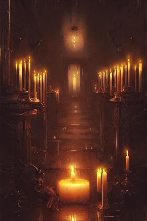 Image similar to dreamy dark hall with candles and dripping wax. beautiful intricately detailed japanese artwork, fantasy art by bayard wu, trending on artstation, camille corot, stephan martiniere