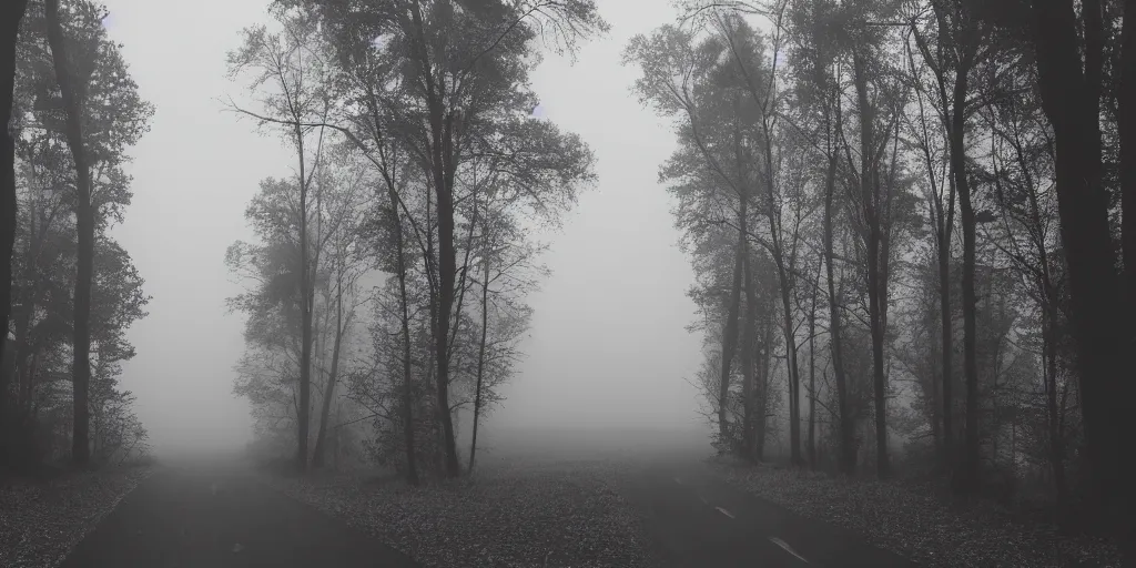 Prompt: road between tall trees in right corner, dark night, fog, cold light, moon